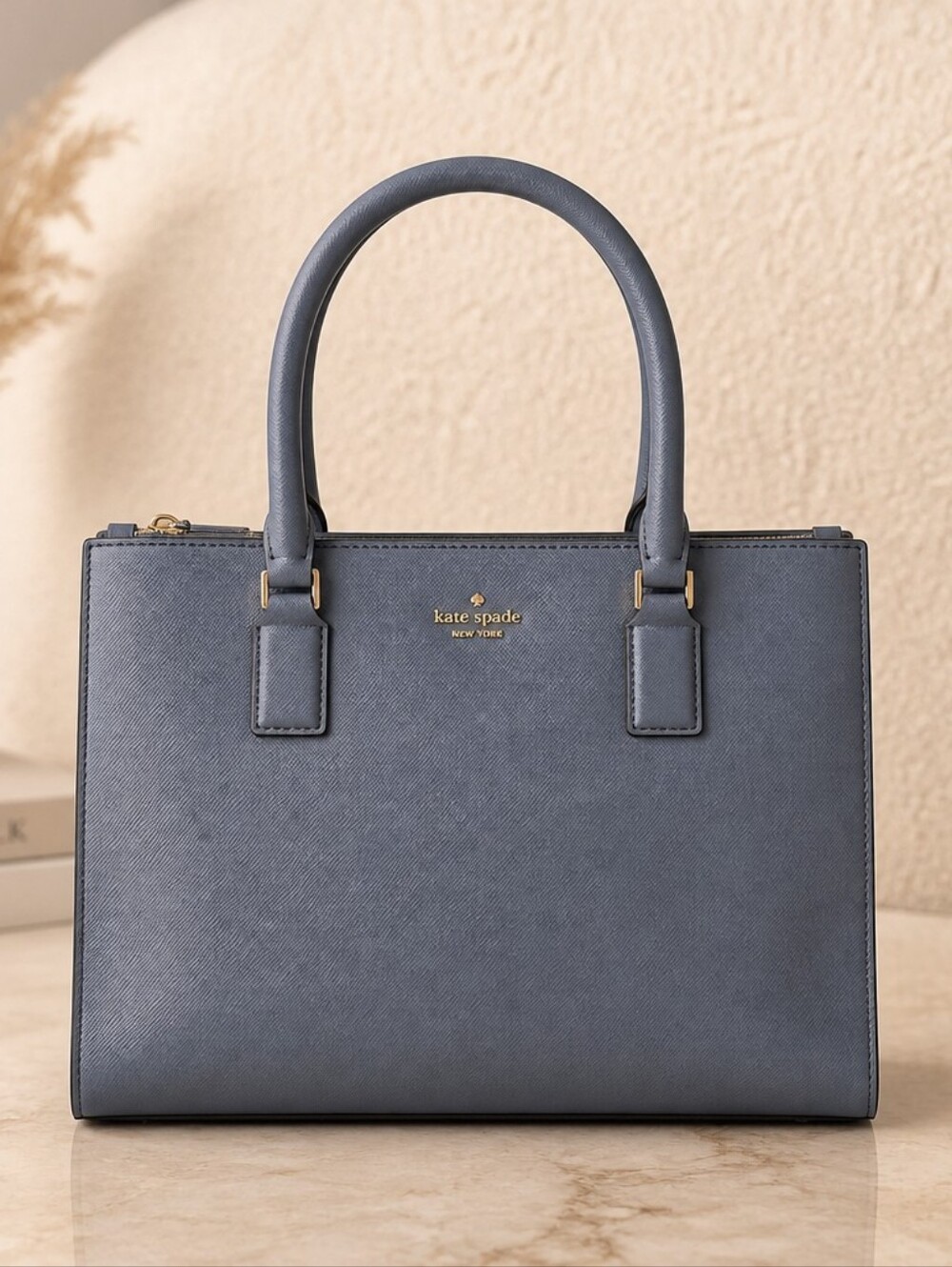 kate spade Blue Structured Leather Satchel with Top Handles